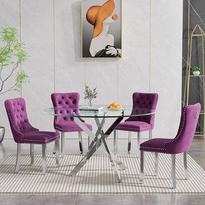 Goujxcy 5 Piece Round Glass Dining Table Set for 4, 47" Round Dining Table & Chair Set Modern Circle Glass Kitchen Table and 4 Velvet Upholstered Chairs for Kitchen Dining (Silver & Pueple Chair)