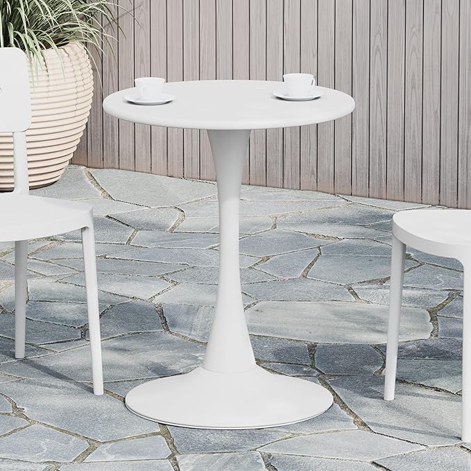 Costaelm Small Dining Table, Round PP Outdoor Table, Weather Resistant Balcony Table for Outside Poolside Deck Lawn Garden Backyard, White