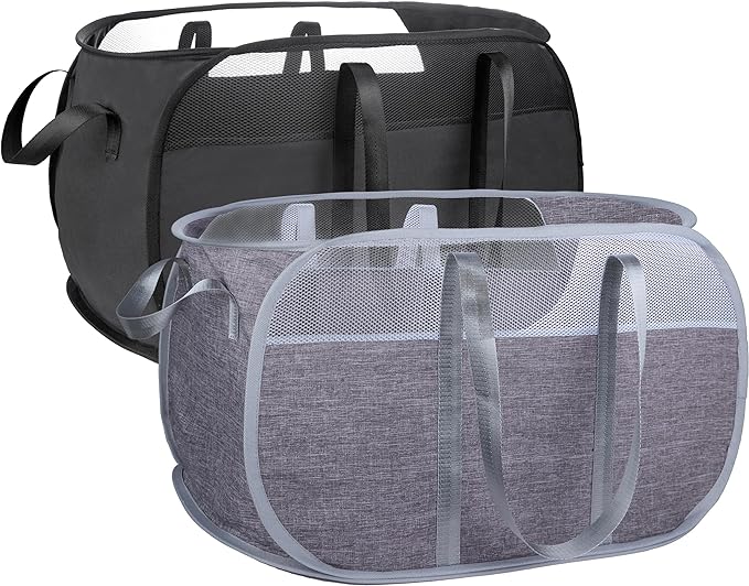 Pop Up Laundry Hamper，with Durable Handles collapsible laundry basket，Easy to Open and Fold for college Dorm,kids room，travel (black+gray)…