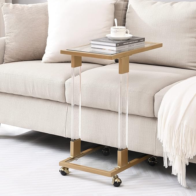 Goujxcy Clear Sofa Side Table C Shaped End Table with Wheels, Rolling Acrylic Bedside Laptop Snack Table TV Tray, Mobile Breakfast Tray Table with Tempered Glass Shelves and Clear Acrylic Frame