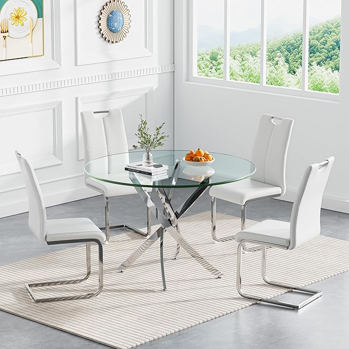 Goujxcy 5 Pieces Round Dining Table Set for 4, Modern Silver Glass Kitchen Table and Chairs for 4 with Upholstered Chairs, Circle Coffee Dining Table Set for Small Space,Apartment,Office
