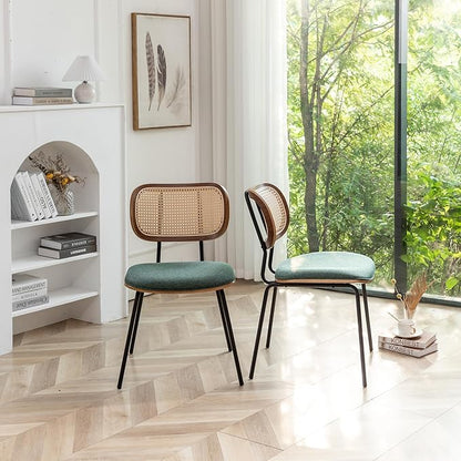 Rattan Dining Chairs Set of 4, Christmas Chair Mid Century Modern Dining Chairs with Cane Back for Kitchen Dining Room, 19 Inch Fabric Green
