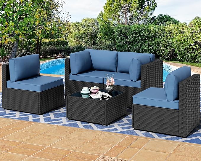 Shintenchi 5 Pieces Outdoor Patio Sectional Sofa Couch, PE Wicker Furniture Sets, Patio Conversation Sets with Washable Cushions Glass Coffee Table for Garden, Poolside, Backyard, Aegean Blue
