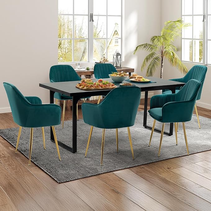 ECOTOUGE Matte Velvet Dining Chairs Set of 6, Modern Arm Chair with Golden Metal Legs, Living Room Accent Chairs for Kitchen, Emerald Green