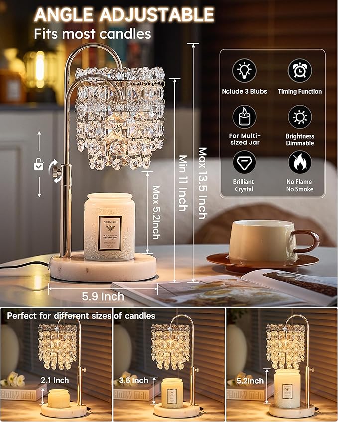 Candle Warmer Lamp with Timer Dimmer Adjustable Height Candle Warmer with Marble Base for Jar Candles,Candle Lamp with 3 Bulbs for New Home Decor, Women Mom Christmas Birthday Gifts, French Gold