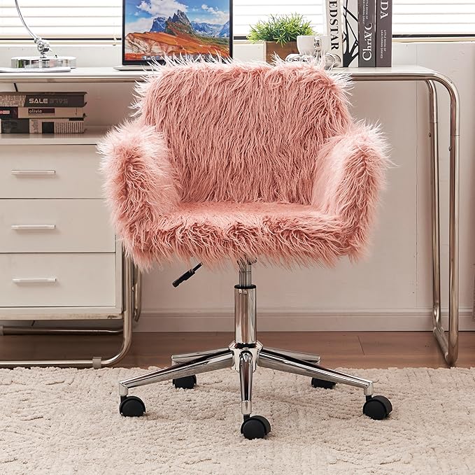 Goujxcy Fluffy Desk Chair, Pink Faux Fur Vanity Chair Swivel Office Chair for Girls Women, Height Adjustable Cute Plush Furry Makeup Chairs for Bedroom Home Office