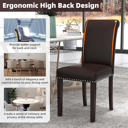 Westice Dining Room Chairs Set of 4 Upholstered PU Leather Kitchen Chairs Dining Room Side Chair with Nailhead Trim and Rubber Wood Legs for Small Space Apartment, Brown