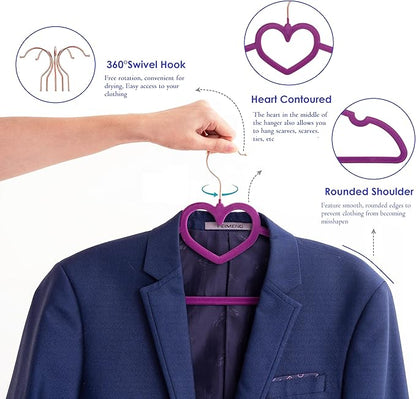 Dark Purple Velvet Hangers 50 Pack, Premium Heart Hanger Non-Slip Felt Hanger, 360° Swivel Rose Gold Hooks, Space Saving Slim Hangar, Durable & Cute Clothes Hanger for Adult