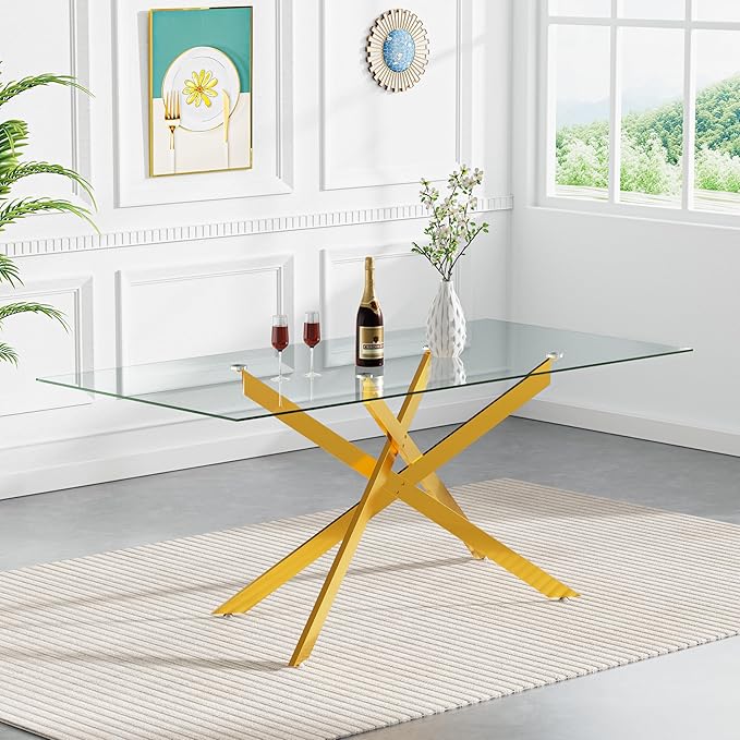 Goujxcy 7 Piece Glass Dining Table Set Modern Glass Dining Table Set for 6, 61" Rectangular Gold Kitchen Table and 6 Velvet Upholstered Chairs, Gold Table & Beige Chair