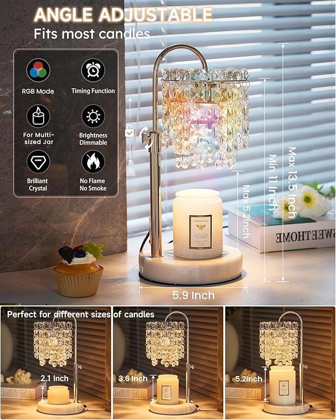 Candle Warmer Lamp with Timer & Dimmable Crystals Candle Lamp Warmer with RGB Mode, Adjustable Height Electric Candle Warmer with 3 Bulbs for Women Mom House Warming Gifts New Home Room Decor