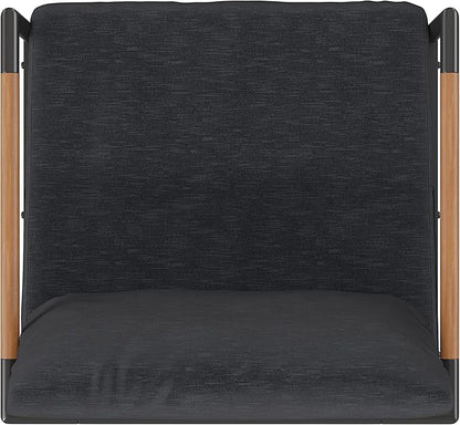 Flash Furniture Lea Indoor/Outdoor Patio Chair with Cushions - Modern Aluminum Framed Chair with Teak Accented Arms, Black with Charcoal Cushions