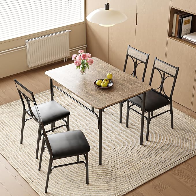 VECELO 5-Piece Dining Table Set for Home Kitchen Small Space Breakfast Nook, 4 Faux Leather Metal Frame Chairs,Rustic Brown,Set for 4