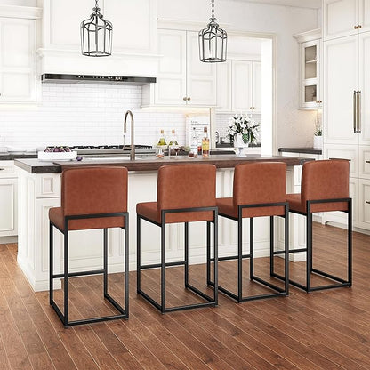 PHI VILLA Brown Leather Bar Stools Set of 4, 24 inch Counter Height Chairs, Modern Kitchen Barstools, Bar Stool with Back