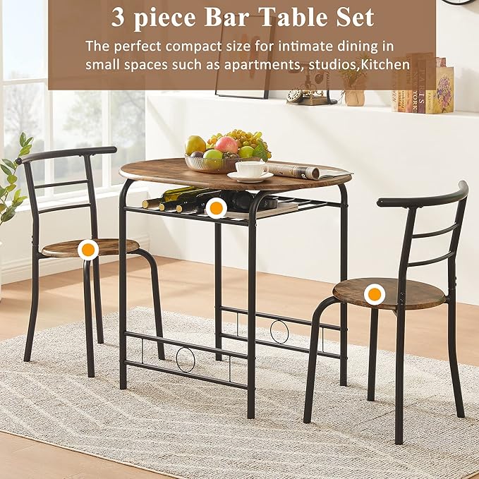 VECELO 3-Piece Dining Table Set for Kitchen Breakfast Nook, Wood Grain Oval Tabletop and Metal Frame with Built-in Wine Rack, for Small Spaces, 31.5", Antique & Black