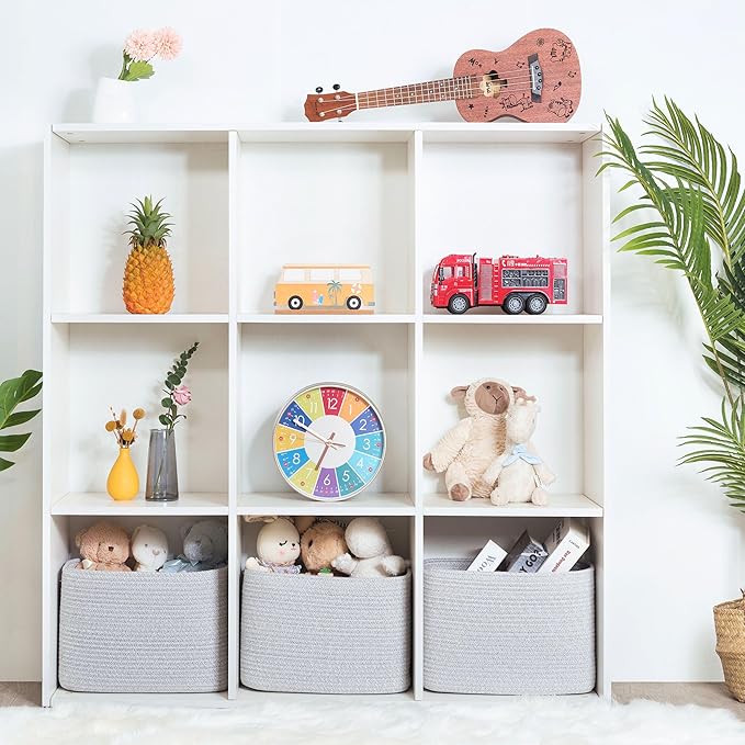 MINTWOOD Design 3-Pack Decorative Woven Storage Baskets for Shelves, Cube Bin Box for Organizing Books, Shoes, Dog Toys, Pantry Closet and Living Room Organizer, Light Gray Mix