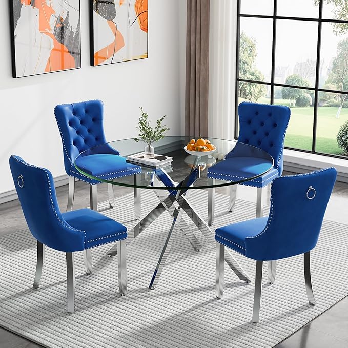 Goujxcy 5 Piece Round Glass Dining Table Set for 4, 47" Round Dining Table & Chair Set Modern Circle Glass Kitchen Table and 4 Velvet Upholstered Chairs for Kitchen Dining (Silver Table & Blue Chair)