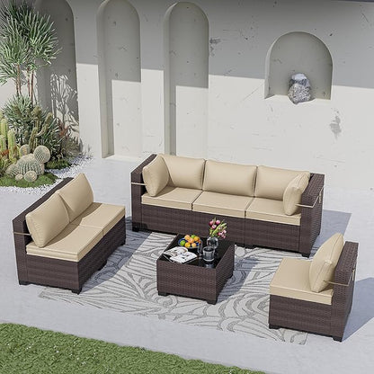 Kurapika 7 Pieces Patio Furniture Set, Rattan Wicker Outdoor Conversation Sets w/4 Inch Cushion and Glass Coffee Table(Sand)