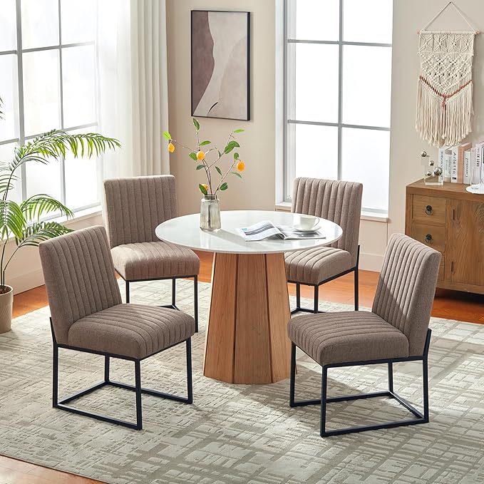 VKNOW Upholstered Dining Chairs, Modern Dining Room Chairs with Stripe, Linen Kitchen Chair Dinner Chair with Black Metal Base for Kitchen Office, Brown