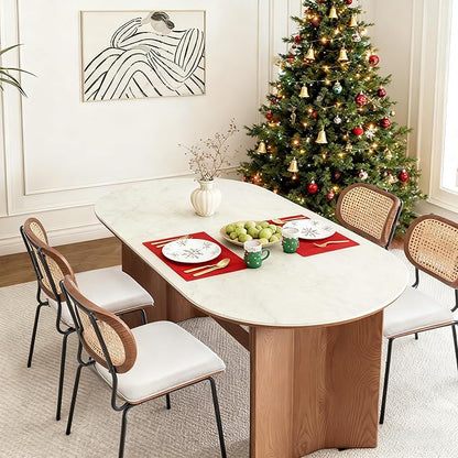 Rattan Dining Chairs Set of 4, Mid Century Modern Dining Chairs with Cane Back for Kitchen Dining Room, 19 Inch Fabric Beige