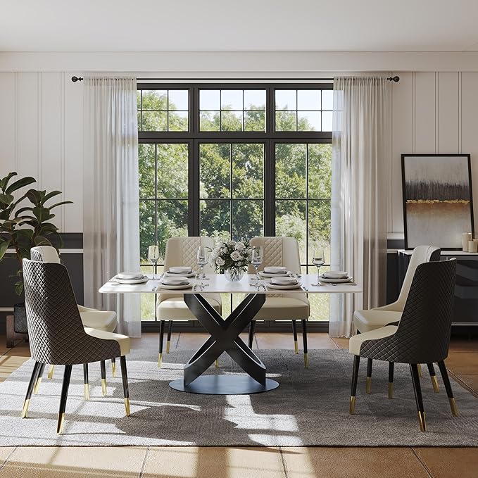 POVISON 71" Modern Dining Table for 4-6 People, Matte White Sintered Stone Table Top with X-Shape Carbon Steel Pedestal, Large Rectangular Table for Kitchen Living Room