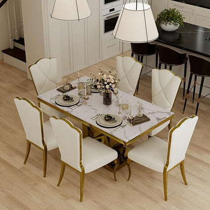 Luxury Dining Room Table with Gold Stainless Steel Metal U-Base in White Gold