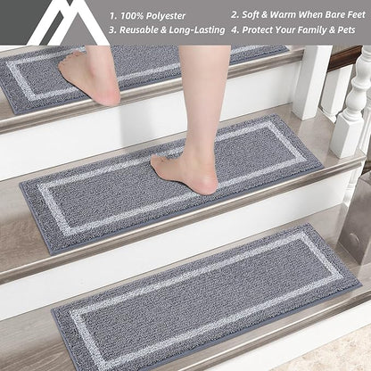COSY HOMEER Soft Stair Treads Non-Slip Carpet Mat 28inX9in Indoor Stair Runners for Wooden Steps, Stair Rugs for Kids and Dogs, 100% Polyester TPE Backing 7pcs,Grey,Square
