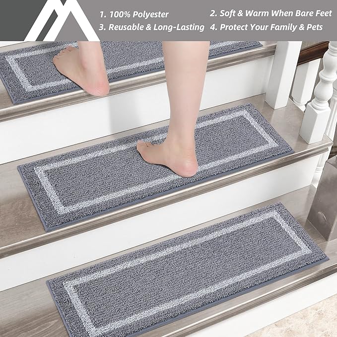 COSY HOMEER Soft Stair Treads Non-Slip Carpet Mat 28inX9in Indoor Stair Runners for Wooden Steps, Stair Rugs for Kids and Dogs, 100% Polyester TPE Backing 10pcs,Grey,Square