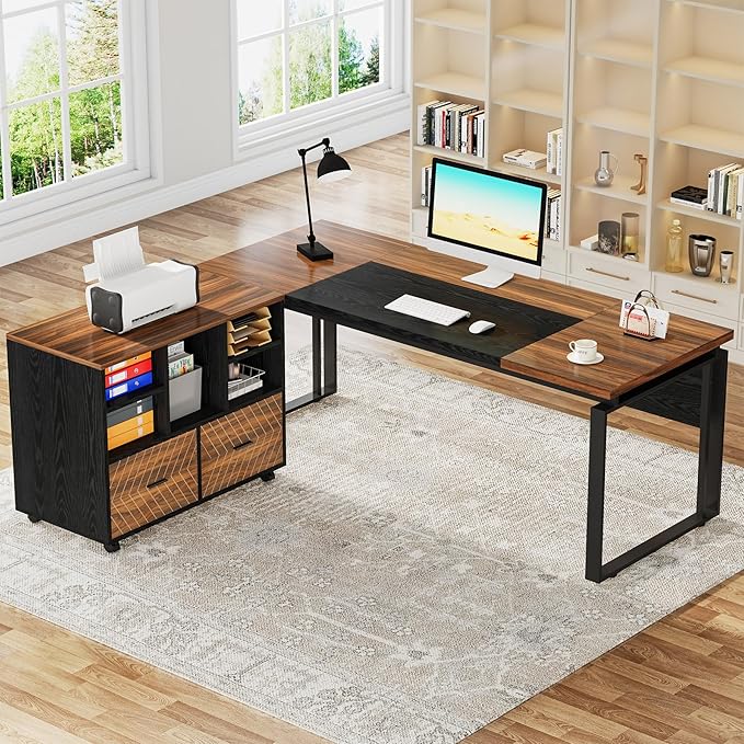 Tribesigns L-Shaped Executive Desk with Reversible File Cabinet, 63" Office Desk with Storage Drawers, L-Shaped Computer Desk with Drawer Cabinet for Hanging Letter Size Files (Brown+Black)