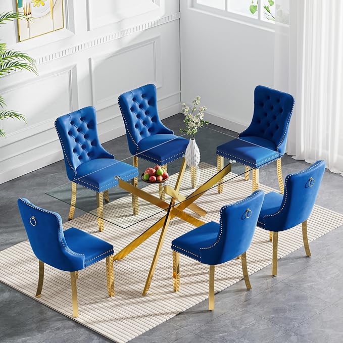 Goujxcy 7 Piece Glass Dining Table Set Modern Glass Dining Table Set for 6, 61" Rectangular Gold Kitchen Table and 6 Velvet Upholstered Chairs, Gold Table & Blue Chair