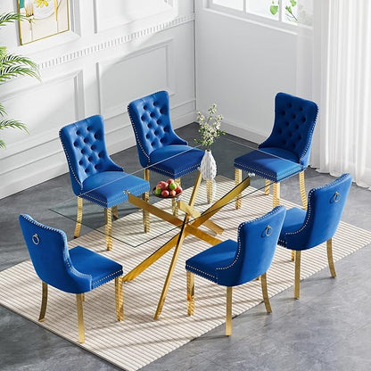 Goujxcy 7 Piece Glass Dining Table Set Modern Glass Dining Table Set for 6, 61" Rectangular Gold Kitchen Table and 6 Velvet Upholstered Chairs, Gold Table & Blue Chair