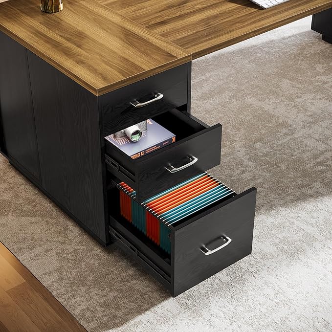 Tribesigns 85.8-Inch L-Shaped Executive Office Desk with File Drawers & Storage Cabinet, Professional Corner Computer Desk Extra Large Business Workstation with Adjustable Shelves (Brown&Black)