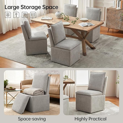 VKNOW Upholstered Dining Chairs Set of 4, Modern Rolling Chairs with Storage and Wheels, Linen Armless Chair with Cushion and Backrest, Dining Room Chairs for Living Room Kitchen Bedroom, Light Grey