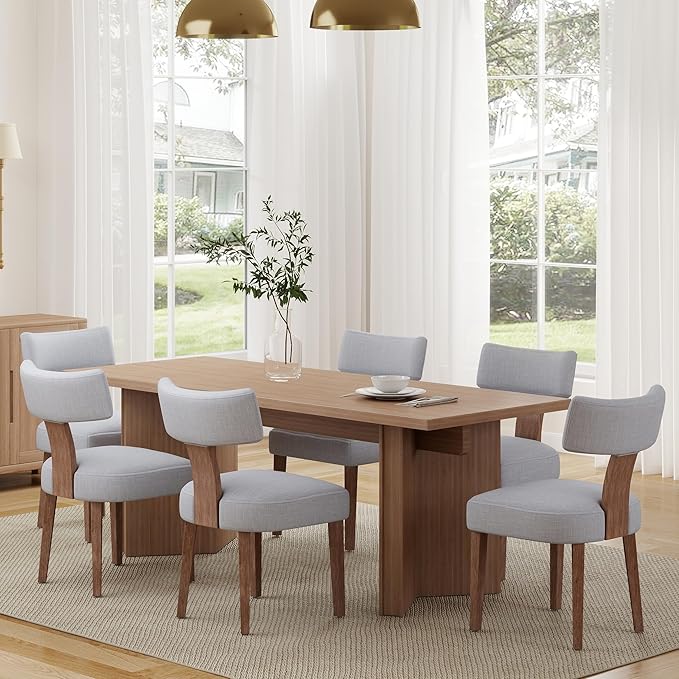 Linen Dining Chairs Set of 6, Modern Dining Chair with Wood Legs, Upholstered Dining Chairs for Dining Room, Kitchen, Vanity, Living Room, Grey