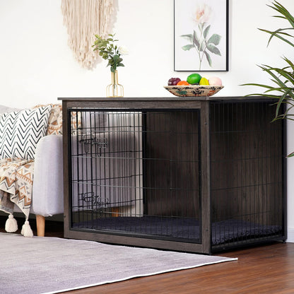 DWANTON Dog Crate Furniture with Cushion, Wooden Kennel Table with Double Doors, Indoor Dog House, Extra Large Size, 43.3" L, Dark Gray