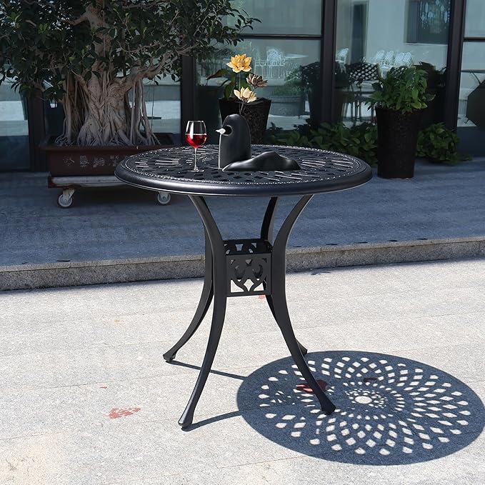 30.3 Inch Round Patio Table Cast Aluminum Patio Table,Metal Patio Dining Table with Umbrella Hole,All Weather Outdoor Bistro Dining Table for Backyard, Garden, Balcony, Black
