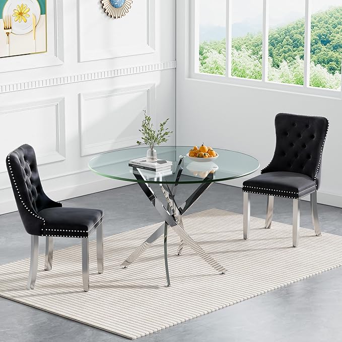 Goujxcy 3 Piece Round Glass Dining Table Set for 2, 36" Round Dining Table & Chair Set Modern Circle Glass Kitchen Table and 2 Velvet Upholstered Chairs for Kitchen Dining (Silver Table & Black Chair)