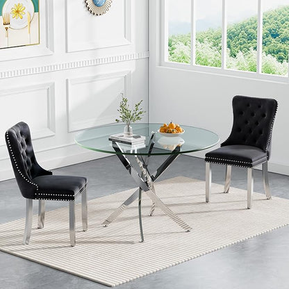 Goujxcy 3 Piece Round Glass Dining Table Set for 2, 36" Round Dining Table & Chair Set Modern Circle Glass Kitchen Table and 2 Velvet Upholstered Chairs for Kitchen Dining (Silver Table & Black Chair)