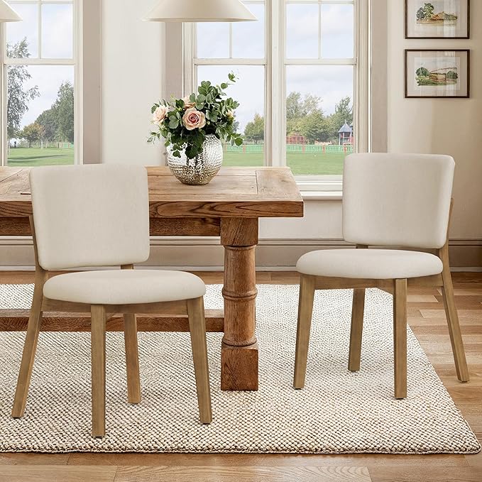 LUE BONA Wooden Dining Chairs Set of 6, Comfortable Wide Back Kitchen Side Chairs, Strong Thick Legs for Modern Farmhouse Dining Room, Linen Upholstered and Natural Wood Legs