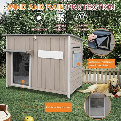 Outdoor Dog House Weatherproof, Wooden Puppy Shelter with Anti-Chewing Iron Frame and Elevated Floor, Sturdy Dog Kennel for Small, Medium & Large Dogs (Gray, 40" L x 26" W x 31" H)