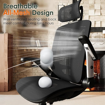 GABRYLLY Ergonomic Office Chair, High Back Home Desk Chair with Headrest, Flip-Up Arms, 90-120° Tilt Lock and Wide Cushion, Big and Tall Mesh Chairs for Man Woman, Black Task Chair