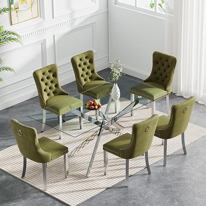 Goujxcy Glass Dining Table Set for 6, Modern Kitchen Table and Chairs Set of 6, 7-Piece Kitchen Dining Room Table Set w/61 Glass Silver Dining Table and 6 Green Velvet Upholstered Chairs