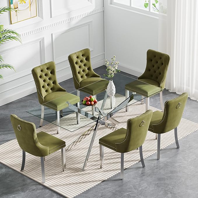Goujxcy 7 Piece Glass Dining Table Set Modern Glass Dining Table Set for 6, 61" Rectangular Silver Kitchen Table and 6 Velvet Upholstered Chairs, Silver Table & Olive Green Chair
