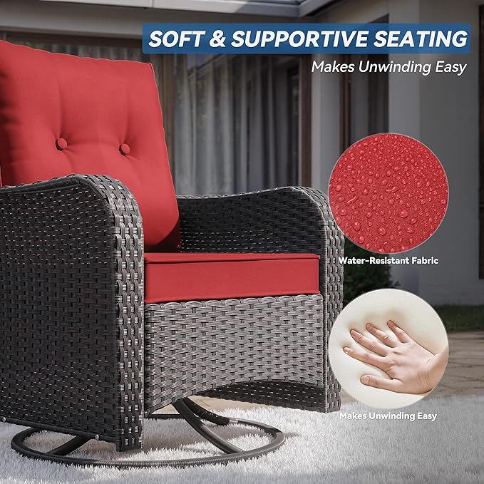 Kurapika 5 Pieces Patio Furniture Set, Rattan Wicker Outdoor Conversation Sets, 4 Woven Rattan Swivel Chairs w/48in Propane Fire Pit Table and Thickened Cushions, Red