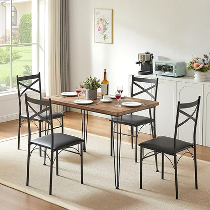 VECELO Dining Table Set for 4, Kitchen Table Set with 4 Chairs for Small Space, Space-Saving and Modern Design, Apartment, Easy to Assemble,Classic Brown