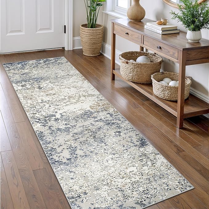 Art&Tuft Runner Rug 2'6x8' - Anti-Slip Backing Abstract Hallway Rug, Stain Resistant Kitchen Rugs, Foldable Machine Washable Area Rug(TPR18-Blue, 2'6x8')