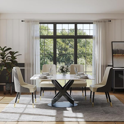 POVISON 63" Modern Dining Table for 4-6 People, Matte White Dining Room Table, Sintered Stone Dinner Tabletop with X-Shape Carbon Steel Pedestal, Rectangle Table for Kitchen Living Room(Table Only)