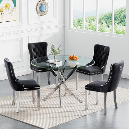 Goujxcy 5 Piece Round Glass Dining Table Set for 4, 36" Round Dining Table & Chair Set Modern Circle Glass Kitchen Table and 4 Velvet Upholstered Chairs for Kitchen Dining (Silver Table & Black Chair)