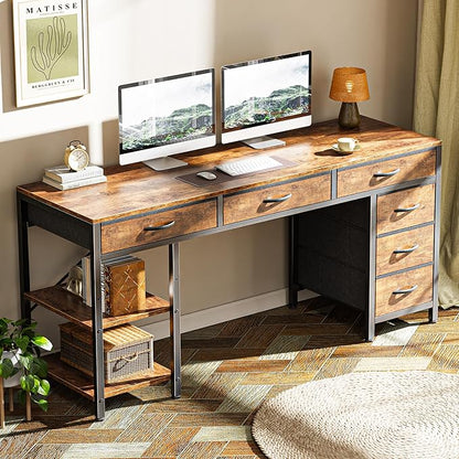 Huuger Computer Desk with 6 Drawers, 54 Inch Office Desk with Shelves, Reversible Gaming Desk, Corner Desk with Storage, Work for Home Office, Study, Living Room, Rustic Brown