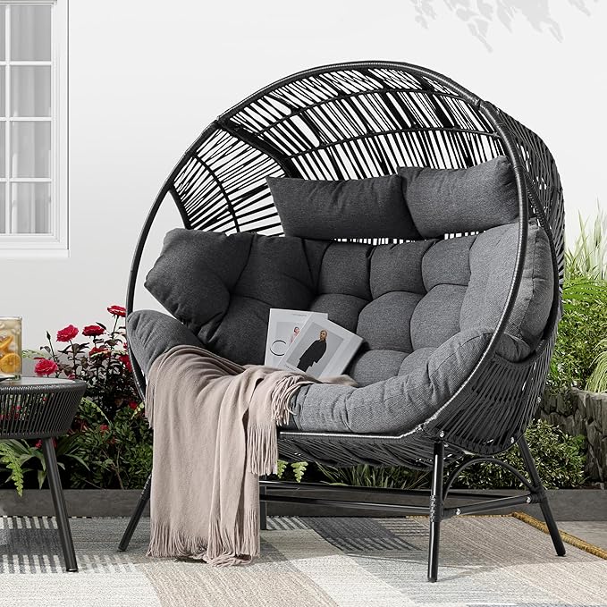 IRONCK 2 Person Egg Chair Outdoor Indoor, Oversized Double Wicker Lounge Chair, Thickened Padded Cushions and Headrests, 680Lbs Egg Loveseat for Patio, Balcony, Living Room, Porch, Gray