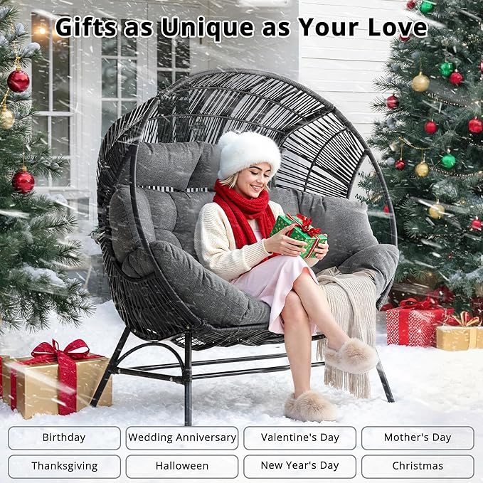 IRONCK 2 Person Egg Chair Outdoor Indoor, Oversized Double Wicker Lounge Chair, Thickened Padded Cushions and Headrests, 680Lbs Egg Loveseat for Patio, Balcony, Living Room, Porch, Gray